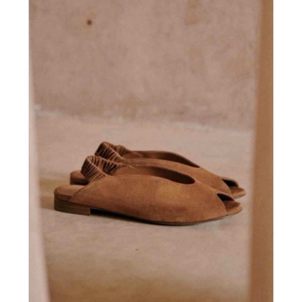 Sezane Brown Suede Peep-Toe Slingback Flat Mules Size 41 (US 10) Deep V Vamp
